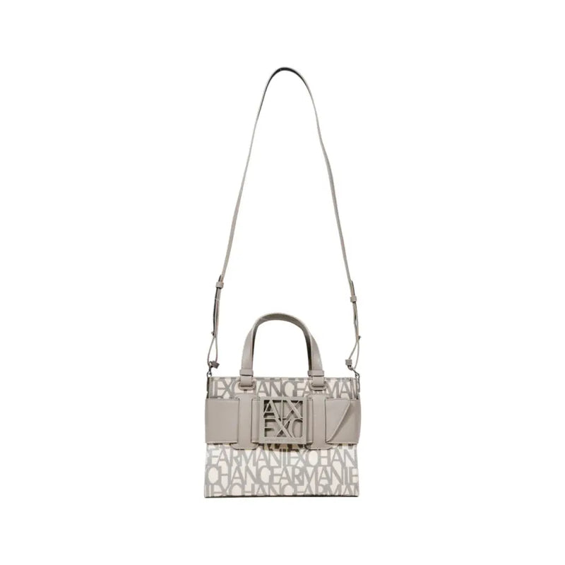 Light grey Armani Exchange tote bag with repeating logo pattern and removable shoulder strap