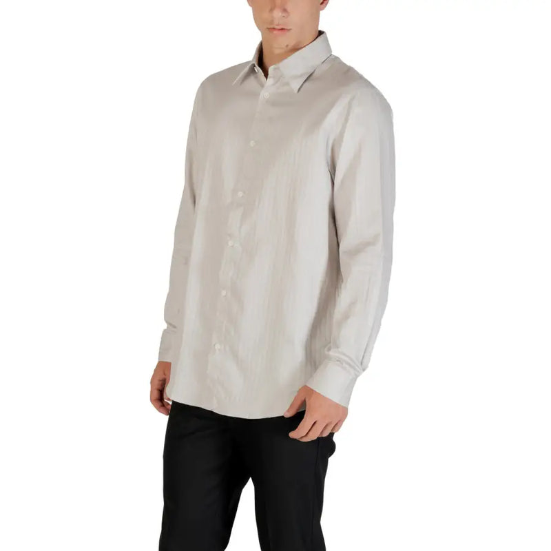 Armani Exchange grey striped long sleeve cotton shirt with a classic collar and crisp light gray fabric