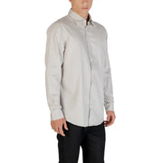 Armani Exchange grey striped long sleeve cotton shirt featuring a sleek light gray texture and crisp collar