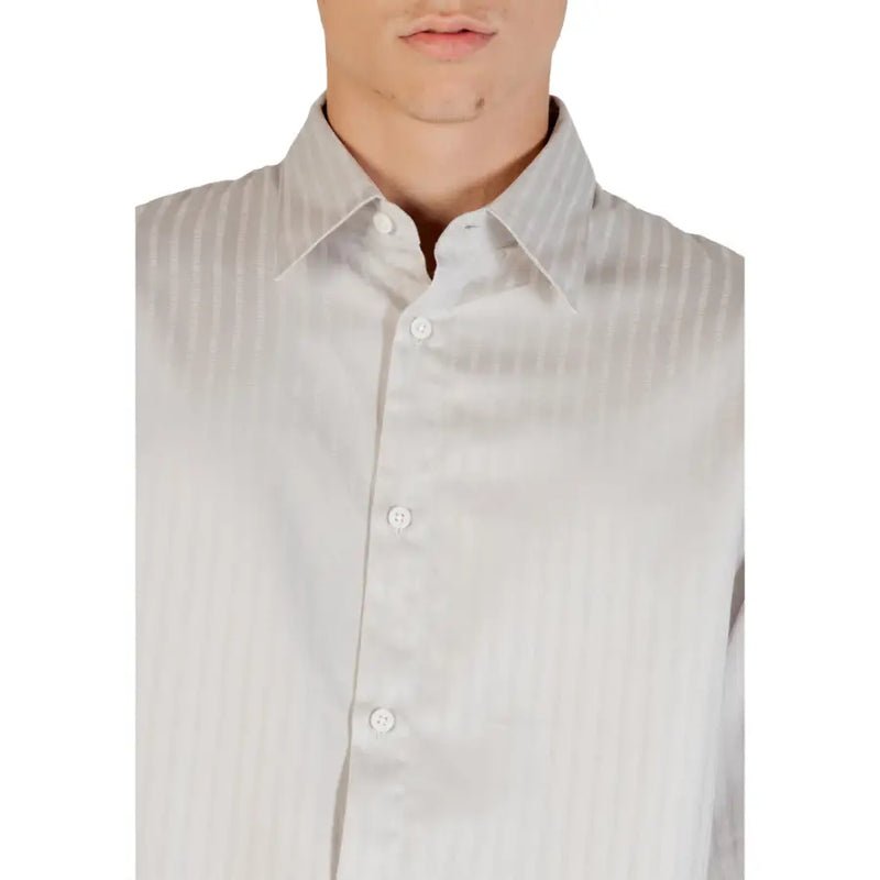 Armani Exchange grey striped long sleeve cotton shirt featuring crisp white button-down design with subtle vertical pinstripes