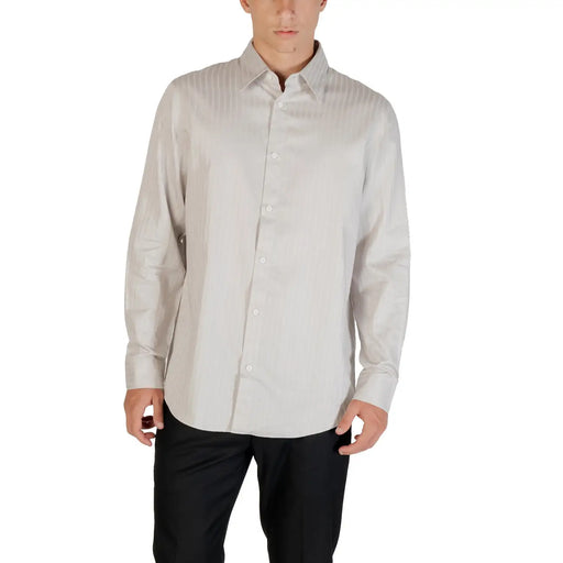 Armani Exchange grey striped long sleeve cotton shirt with subtle vertical pleating on chest and sleeves