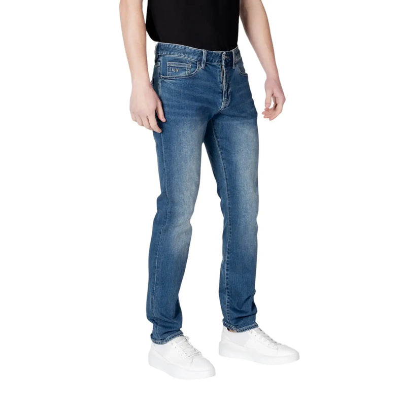 Armani Exchange Jean homme en denim bleu, coupe slim et délavage délavé, vue de dos
