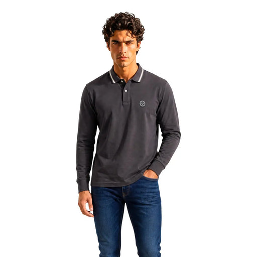 Armani Exchange Polo à manches longues pour homme, gris foncé, col blanc et logo brodé sur le devant