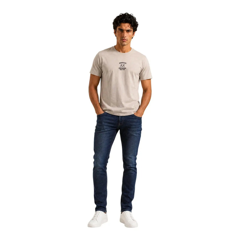 Armani Exchange T-shirt beige en coton pour homme, manches courtes, col rond et petit logo noir sur la poitrine