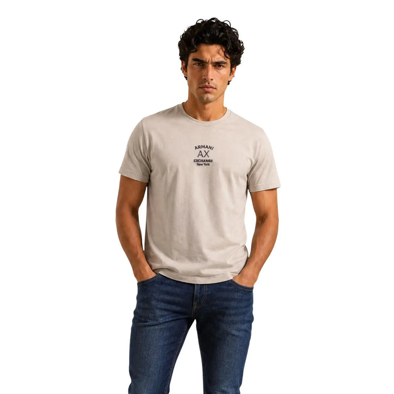 Beige Armani Exchange T-shirt homme en coton, col rond et logo noir sur la poitrine