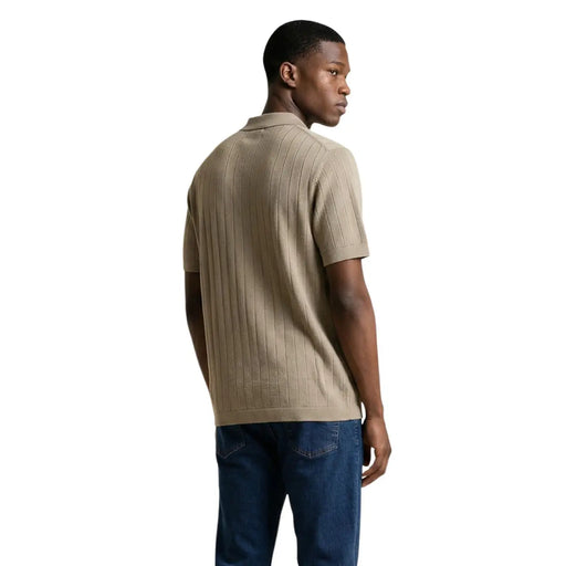 Armani exchange men beige ribbed knit cotton polo shirt with classic collar and short sleeves xm002438
