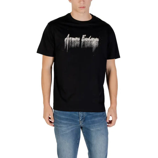 Men’s black cotton crew neck short-sleeve T shirt with distressed silver graphic print