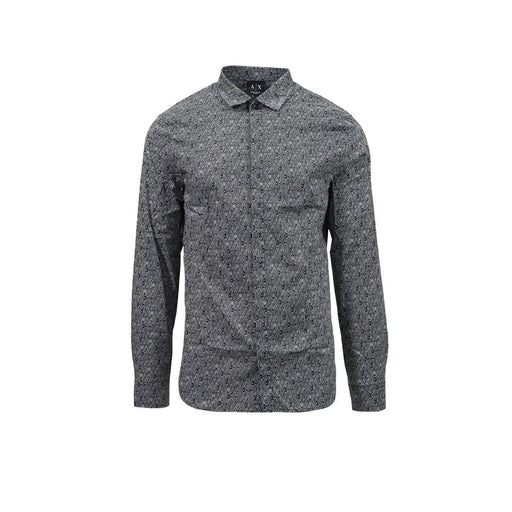 Armani Exchange Chemise homme en coton lycra noir à manches longues, col classique et patte de boutonnage sur le devant, motif géométrique gris foncé