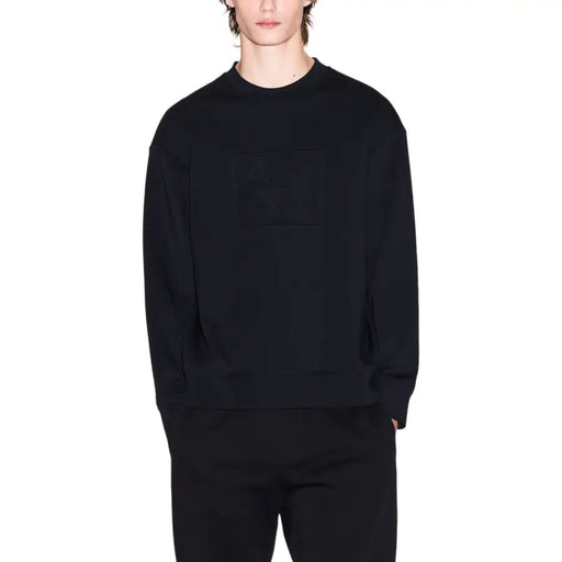 Armani Exchange Sweat-shirt noir en coton pour homme, col rond et logo discret en relief sur la poitrine