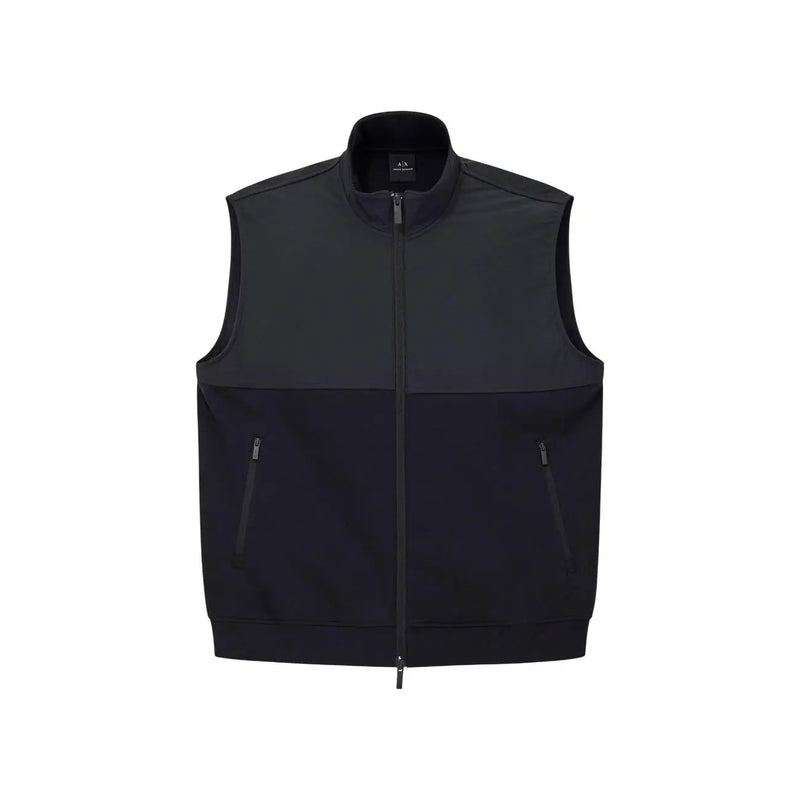 Armani Exchange Sweat-shirt zippé en coton noir pour homme, avec un design bicolore présentant des panneaux supérieurs plus clairs et des panneaux inférieurs plus foncés.