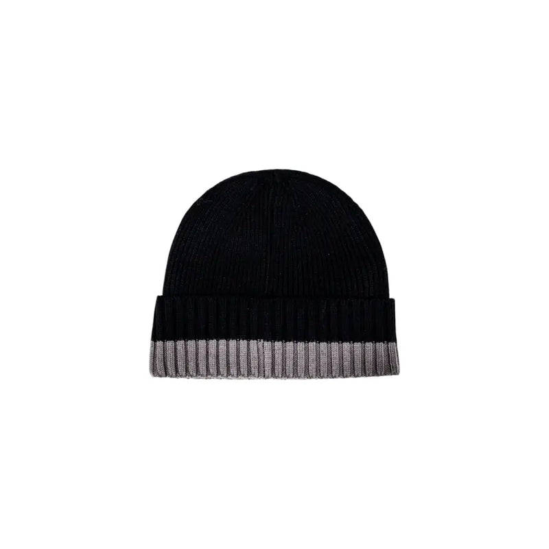 Armani Exchange men black and grey ribbed knit beanie cap with folded cuff and horizontal grey stripes