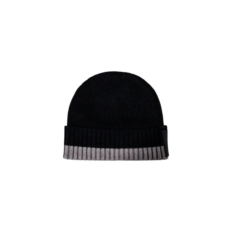 Armani Exchange men black and grey ribbed knit beanie cap with folded cuff featuring alternating stripes