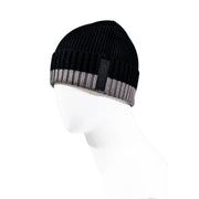 Armani Exchange men black and grey ribbed knit beanie cap with striped cuff and black rectangular patch on the side