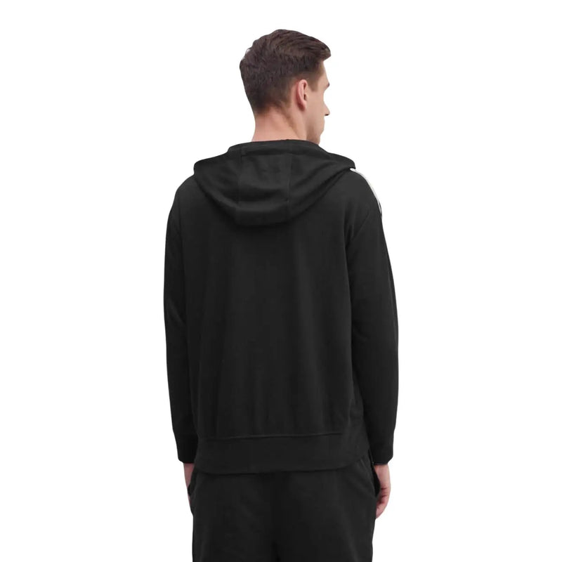 Armani Exchange Sweat-shirt à capuche noir pour homme, au design minimaliste et élégant, orné de fines rayures blanches sur les manches.