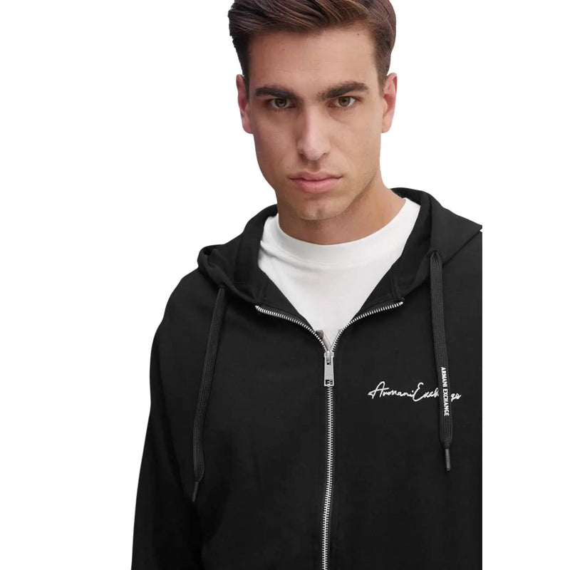 Armani Exchange Sweat à capuche noir zippé pour homme, en mélange de coton, avec logo brodé blanc et cordons de serrage assortis.