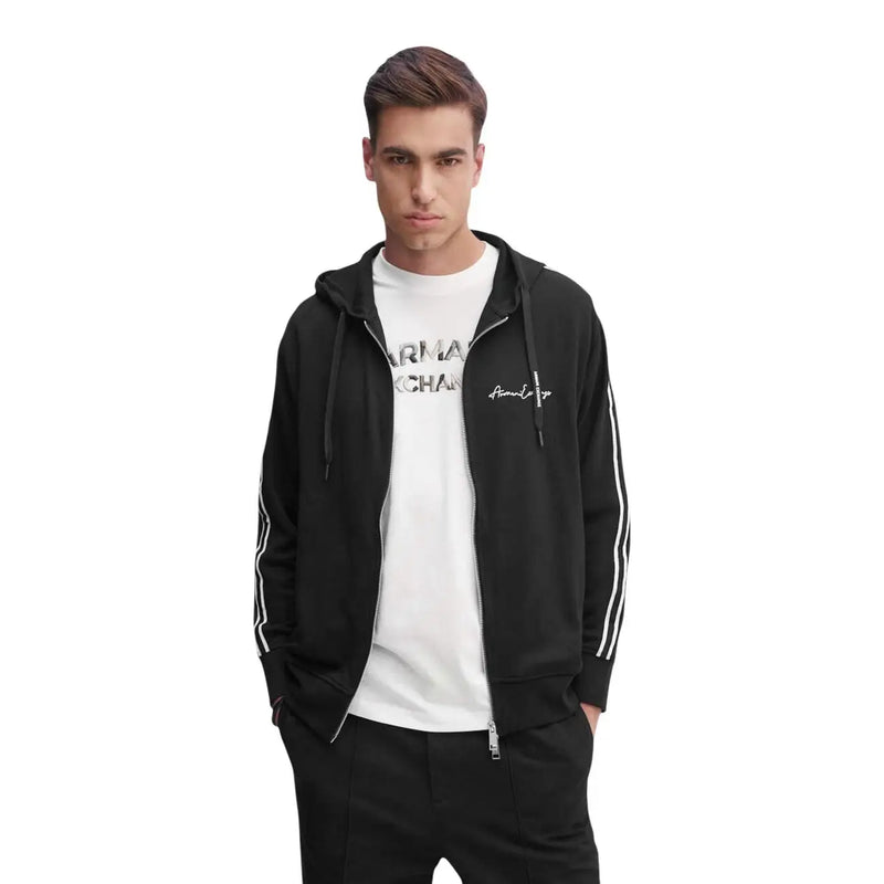 Armani Exchange Sweat à capuche noir zippé pour homme avec rayures blanches sur les manches et logo discret brodé sur la poitrine