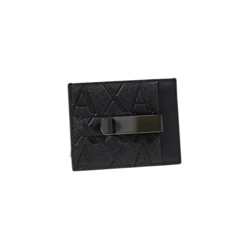Armani Exchange men black leather wallet with a textured design and sleek metallic clip visible from the front side