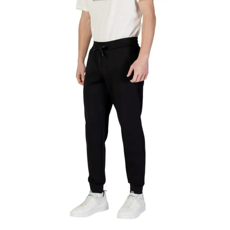 Armani Exchange men black plain laced joggers with drawstring waistband and ribbed cuffs in cotton blend fabric