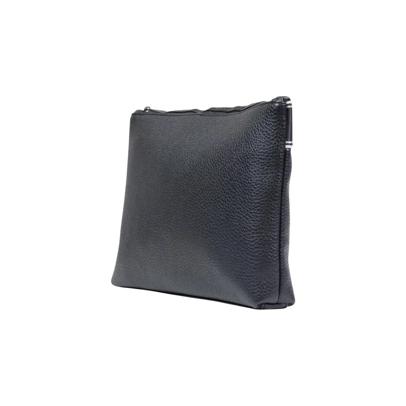 Armani Exchange Sac à main pour homme en polyester noir, avec une pochette en cuir texturé noir sur le devant et une fermeture éclair argentée.