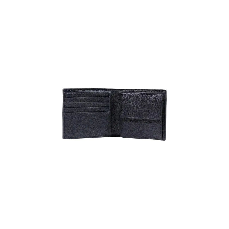 Armani Exchange men black polyester wallet with textured leather, multiple card slots, and a central compartment