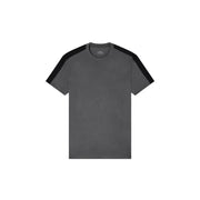 Armani Exchange T-shirt noir à manches courtes pour homme, en coton, avec col rond gris et empiècements contrastants noirs aux épaules.