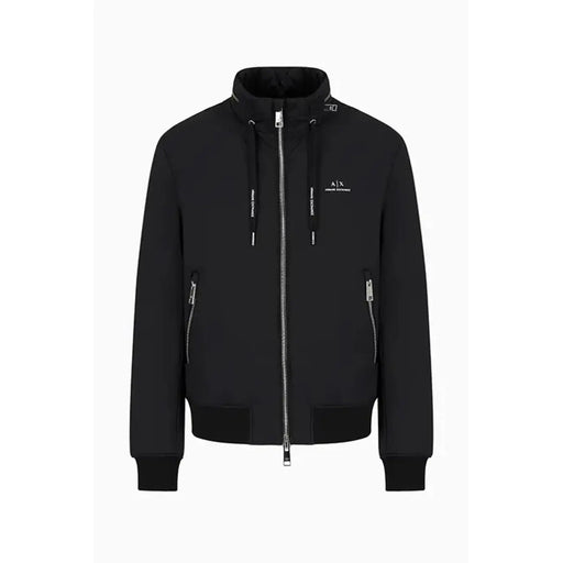 Armani Exchange Veste noire zippée pour homme avec fermetures éclair argentées et logo discret sur la poitrine, style blazer élégant