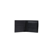 Armani Exchange men black leather bifold wallet with embossed logo on inner flap measuring 11x10x1.5 cm