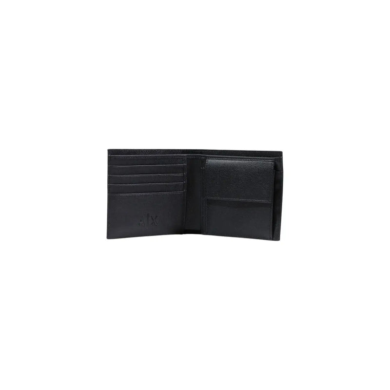 Armani Exchange men black leather bifold wallet with embossed logo on inner flap measuring 11x10x1.5 cm