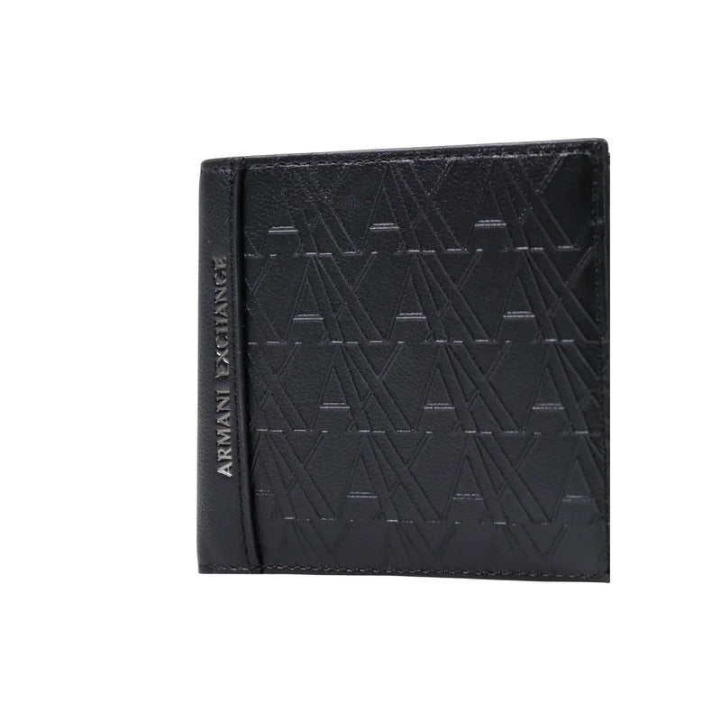 Armani Exchange men black wallet in polyester with embossed geometric pattern and stitched edges measuring 11 by 9 cm