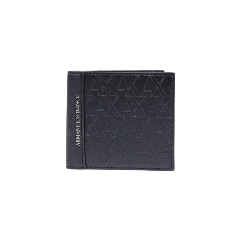 Armani Exchange men black polyester wallet with embossed logo pattern measuring W11 H9 cm shown from the back side