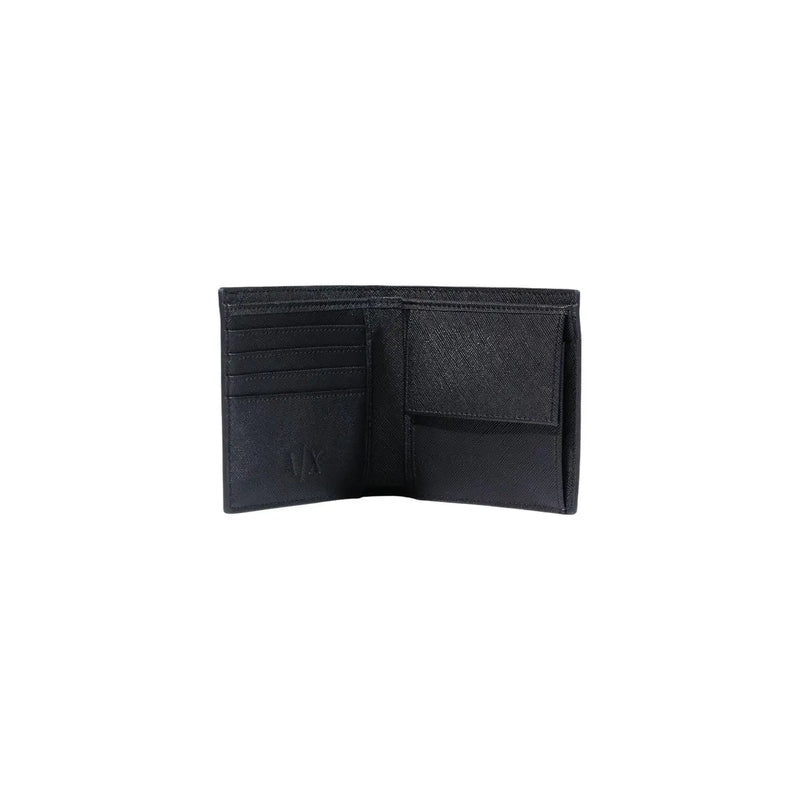 Armani Exchange men black bifold wallet in polyester with textured interior and subtle embossed logo measuring W11 H9 cm