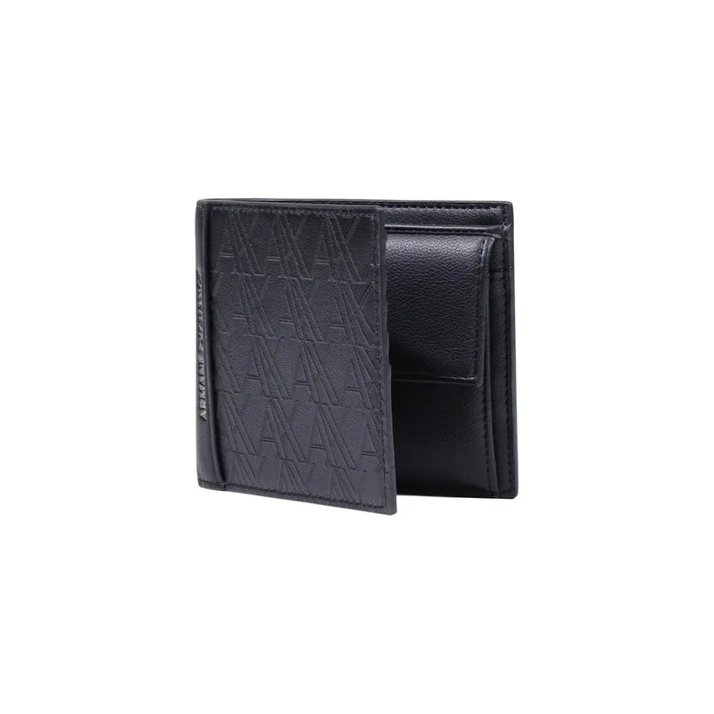 Armani Exchange men black leather wallet with embossed logo pattern polyester measuring w11 h9 cm
