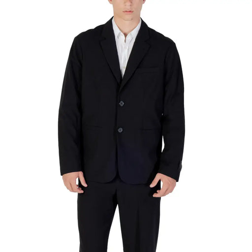 Armani Exchange Blazer long pour homme en laine mélangée noire, fermeture à deux boutons, coupe ajustée et texture subtile