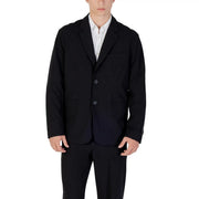 Armani Exchange men black wool blend long blazer with two-button closure and tailored fit in subtle texture