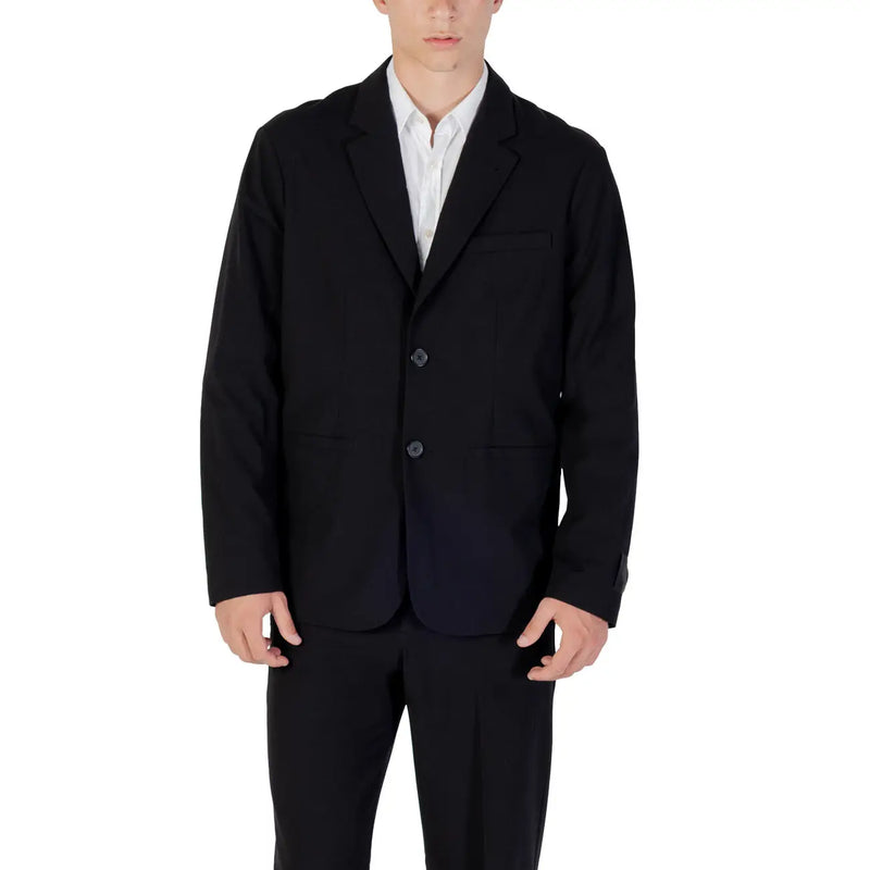 Armani Exchange men black wool blend long blazer with two-button closure and tailored fit in subtle texture
