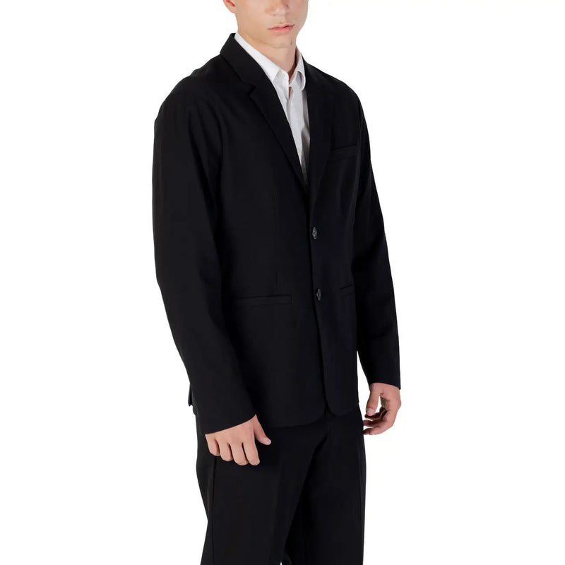 Armani Exchange men black wool blend single-breasted blazer with two front buttons and flap pockets