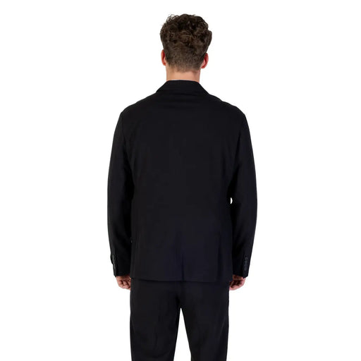 Armani Exchange men black wool blend long blazer showing structured back with subtle seam detailing