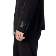 Armani Exchange men black wool blend long blazer with sleek tailored design and subtle branding on the cuff