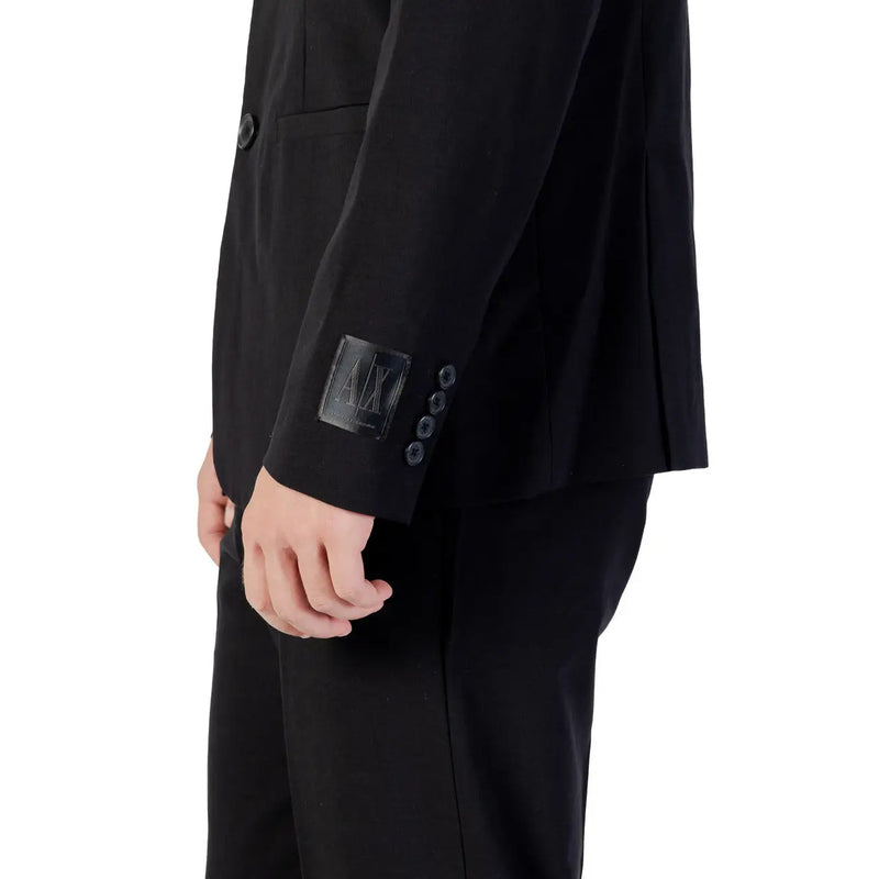 Armani Exchange men black wool blend long blazer with sleek tailored design and subtle branding on the cuff