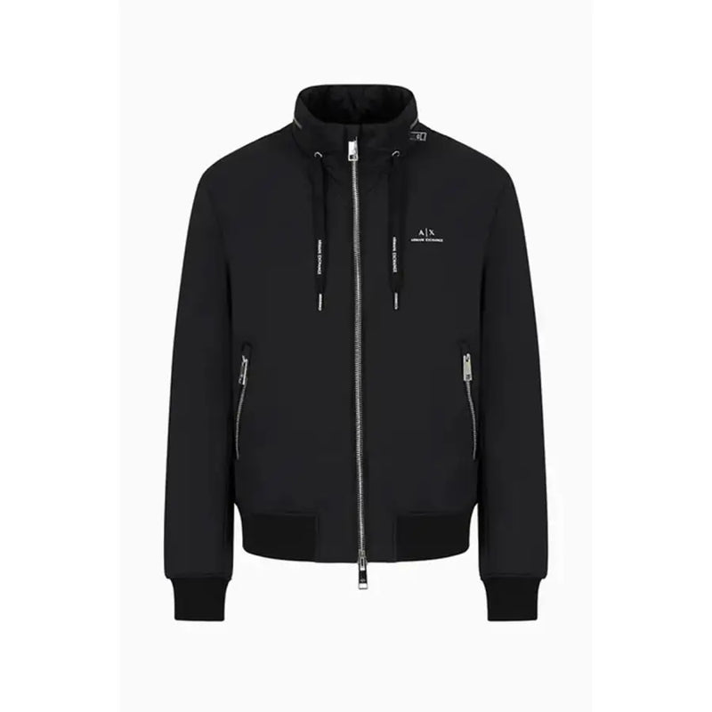 Armani Exchange Blazer noir en polyamide pour homme, zippé avec fermetures éclair argentées et logo discret sur la poitrine, pour un vêtement d'extérieur élégant.