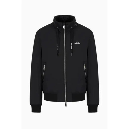Armani Exchange Blazer noir en polyamide pour homme, zippé avec fermetures éclair argentées et logo discret sur la poitrine, pour un vêtement d'extérieur élégant.
