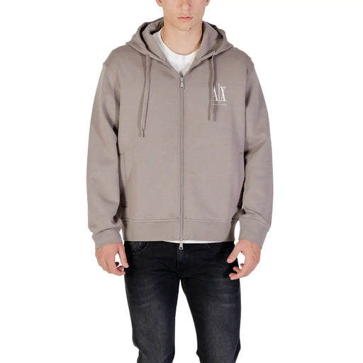 Armani Exchange men black zip hooded cotton sweatshirt with taupe zip-up hoodie and white embroidered logo on chest