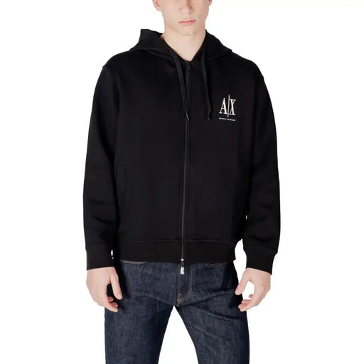 Armani Exchange Sweat à capuche zippé noir en coton pour homme, avec logo brodé blanc sur la poitrine, idéal pour une tenue décontractée.