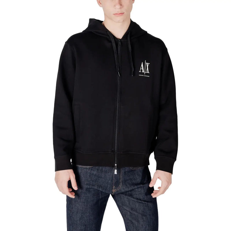 Armani Exchange men black zip-up cotton hoodie with white embroidered logo on the chest for casual wear