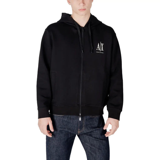 Armani Exchange men black zip-up cotton hoodie with white embroidered logo on the chest for casual wear