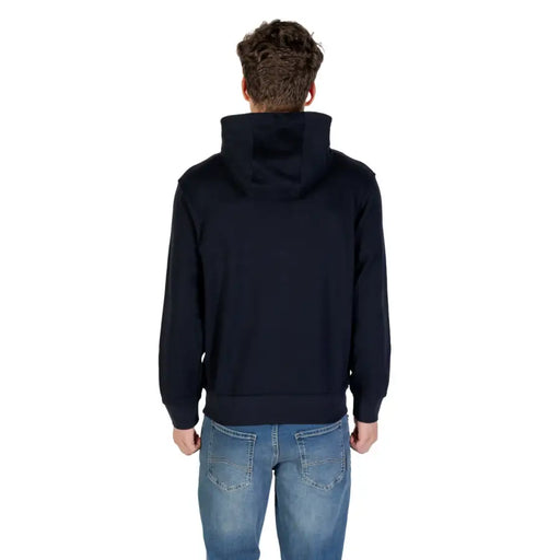 Armani Exchange Sweat-shirt à capuche bleu marine en coton pour homme, col en V, poignets et ourlet côtelés bleu marine (vue de face)