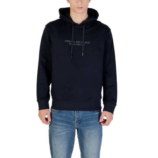 Armani exchange Sweat à capuche noir en coton pour homme, orné d'une discrète broderie blanche sur la poitrine, idéal pour un style décontracté.