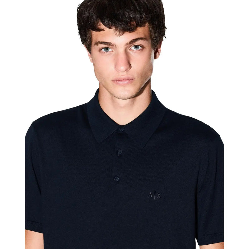 Armani Exchange men blue cotton short sleeve polo shirt with black color and subtle embroidered a x logo on left chest