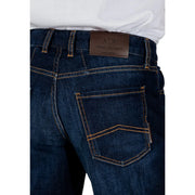 Armani Exchange men blue cotton shorts featuring dark blue denim fabric with orange stitching and brown leather patch at waistband back side