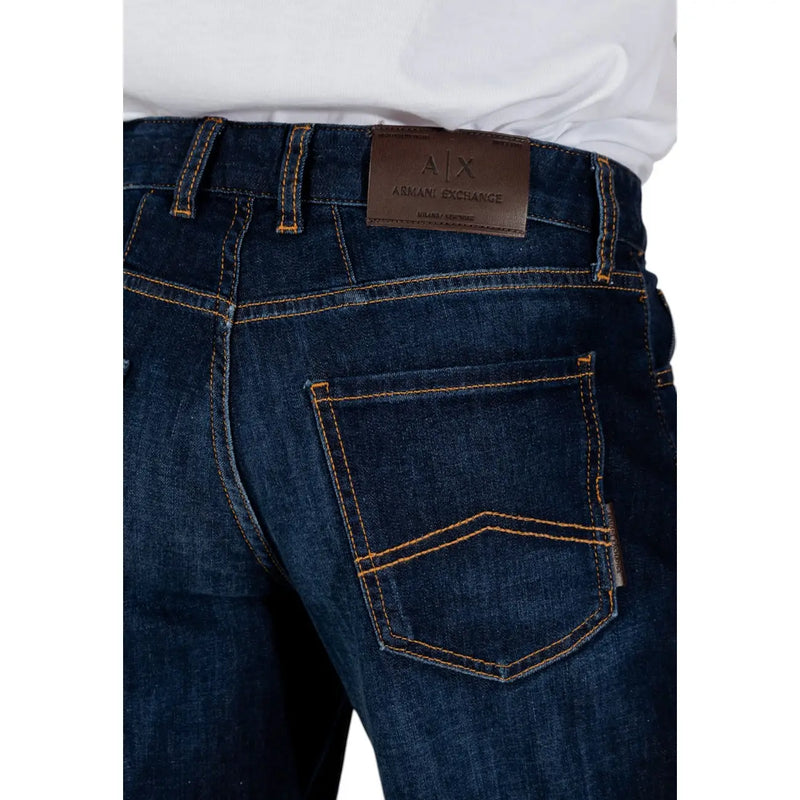 Armani Exchange men blue cotton shorts featuring dark blue denim fabric with orange stitching and brown leather patch at waistband back side
